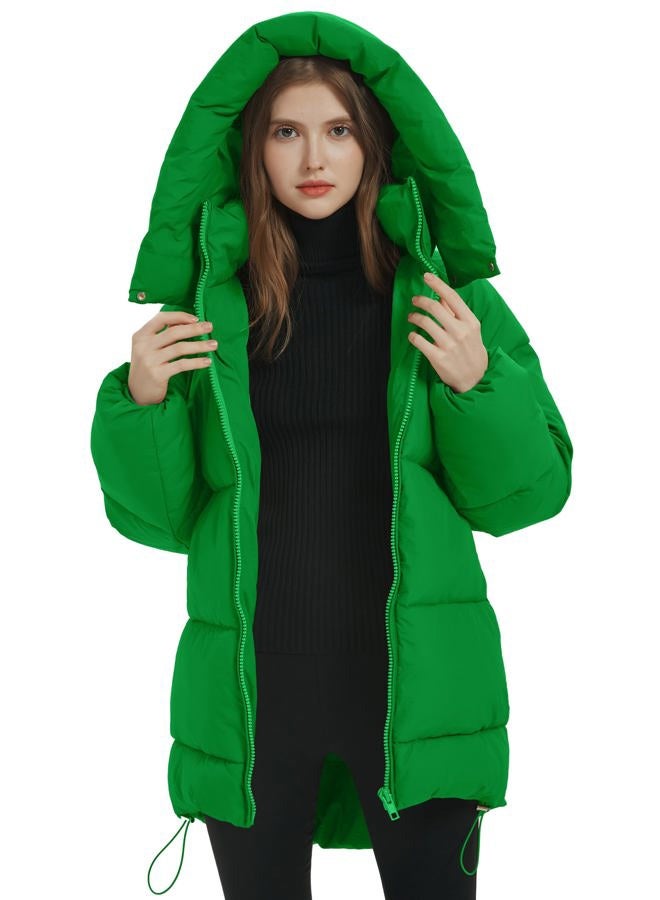 Flygo Womens Hooded Quilted Puffer Jacket Mid-Length Padded Warm Winter Heavyweight Coat Outerwear, Green, M - Image 3