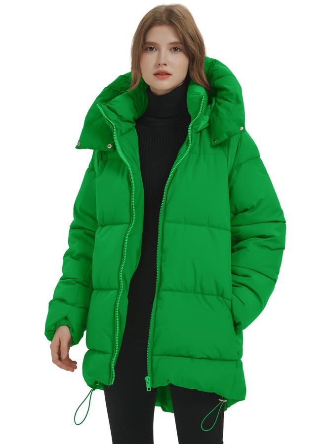 Flygo Womens Hooded Quilted Puffer Jacket Mid-Length Padded Warm Winter Heavyweight Coat Outerwear, Green, M - Image 2