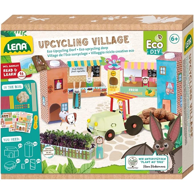 Lena 42830 Eco Upcycling Village Sheets and Household Items, Play, Adhesive Set for Boys and Girls, Paper Crafts for Children from 6 Years