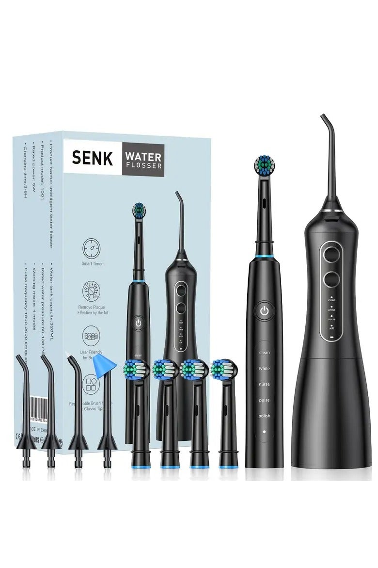 SENK Intelligent 2-in-1 Water Flosser & Electric Toothbrush Kit – 320ml Large Capacity Detachable Tank, 4 Modes, High-Frequency Pulse 1800-2000/min, 1 Week Battery, Nylon Soft-Bristle Brush Heads, 4 Nozzles, Smart Timer, Deep Oral Cleaning for Plaque Removal, Braces-Friendly, Portable USB Rechargeable Irrigator – Ideal for Home, Travel & Gift for Couples/Holidays - Image 1