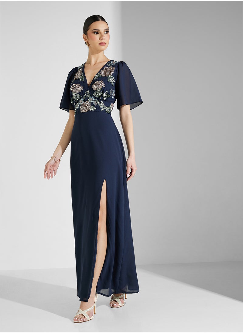 Maya Contrast Floral Angel Sleeve Maxi Dress  - Image 4