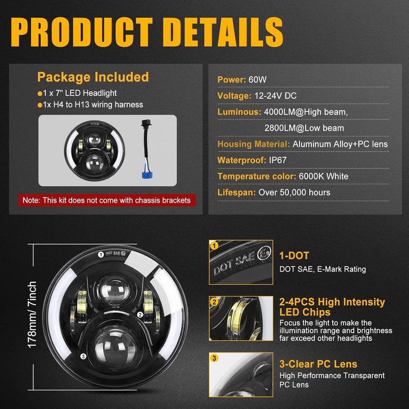 SUPAREE 7 Inch LED Motorcycle Headlight with Halo Ring for Touring Models - Image 4