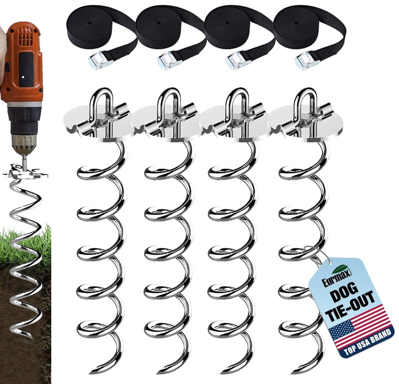 Eurmax USA 4-Pc Pack Spiral Stakes Heavy Duty Anchor Kit Ice Screw Anchor for Trampoline, Tents, tarps, Canopies,car Ports,Dog tie Out and etc Bonus Tie Down Straps 4-Pc Pack (Silver) - Image 1