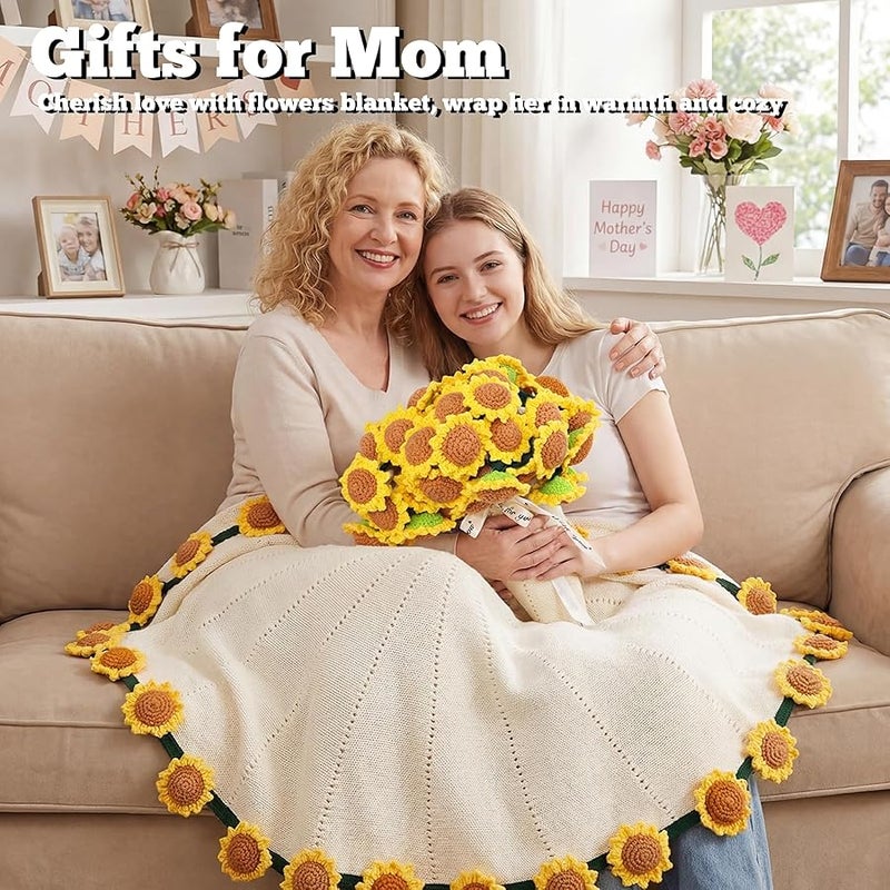 LOKOZ Sunflower Gifts for Women Get Well - Crochet Flowers Bouquet Blanket, Teacher Appreciation Gifts for Mom Sister Her Grandma Wife Birthday Presents Anniversary Home Decor 31 Inches - Image 2