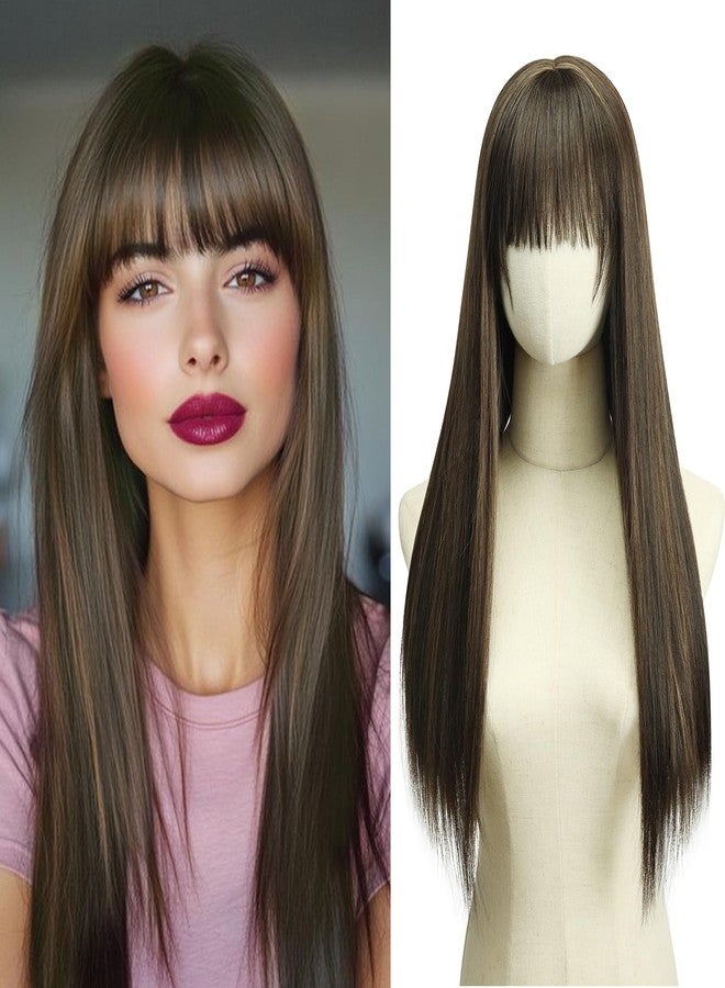 QUEENTAS 22 Inch Long Brown Wig with Bangs Glueless Natural Looking Synthetic Straight Hair Wig for Daily & Party Use (Brown With Blonde Highlights) - Image 1