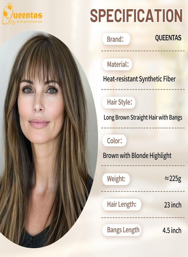 QUEENTAS 22 Inch Long Brown Wig with Bangs Glueless Natural Looking Synthetic Straight Hair Wig for Daily & Party Use (Brown With Blonde Highlights) - Image 2