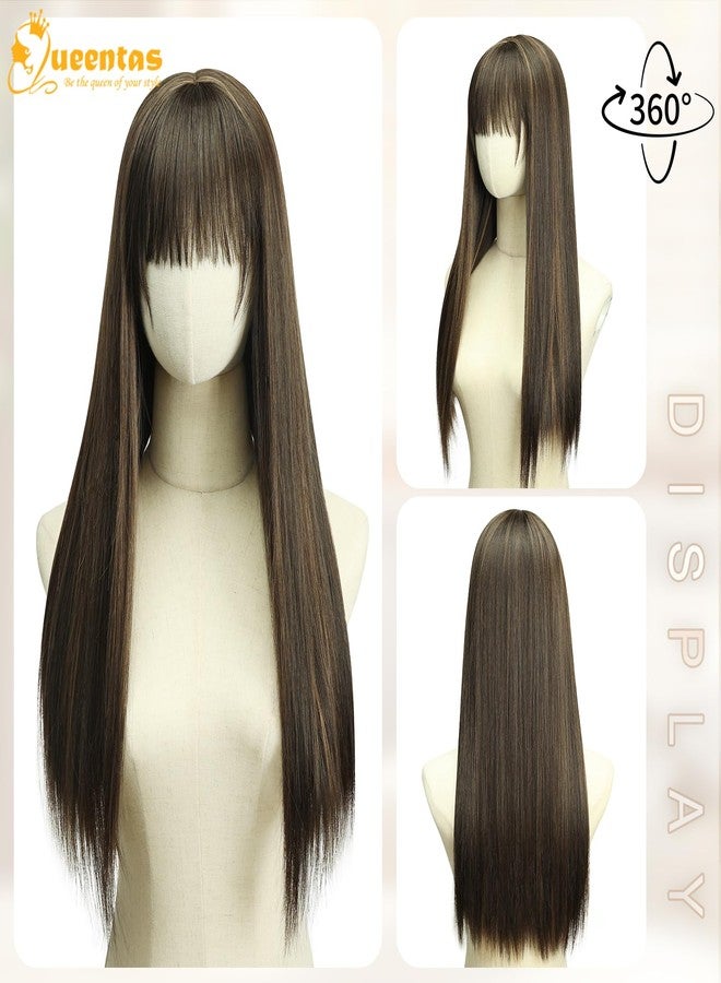 QUEENTAS 22 Inch Long Brown Wig with Bangs Glueless Natural Looking Synthetic Straight Hair Wig for Daily & Party Use (Brown With Blonde Highlights) - Image 5