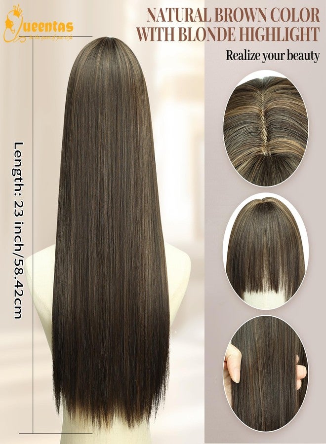 QUEENTAS 22 Inch Long Brown Wig with Bangs Glueless Natural Looking Synthetic Straight Hair Wig for Daily & Party Use (Brown With Blonde Highlights) - Image 3
