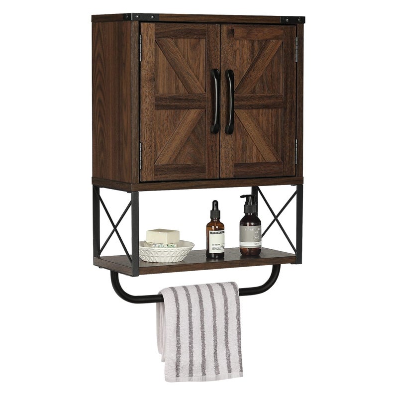 RUSTOWN Farmhouse Rustic Medicine Cabinet with Two Barn DoorWood Wall Mounted Storage Cabinet with Adjustable Shelf and Towel Bar 3Tier Cabinet for BathroomDark Walnut