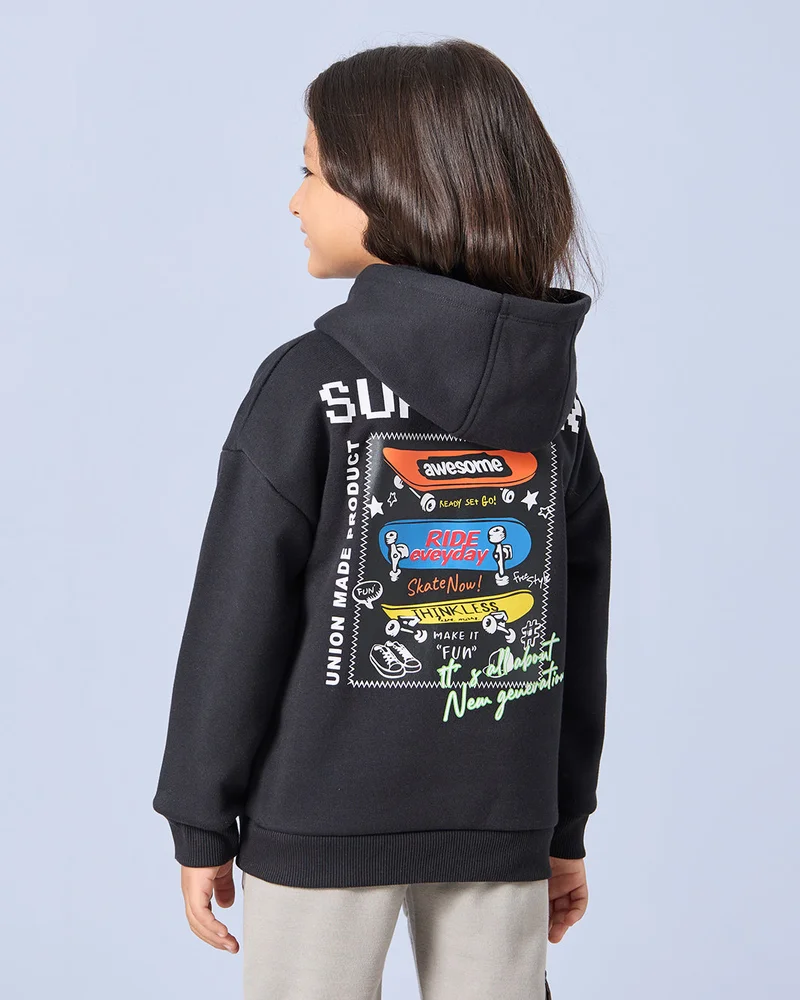 REDTAG Boys Black Kangaroo Pocket Hooded Sweatshirt
