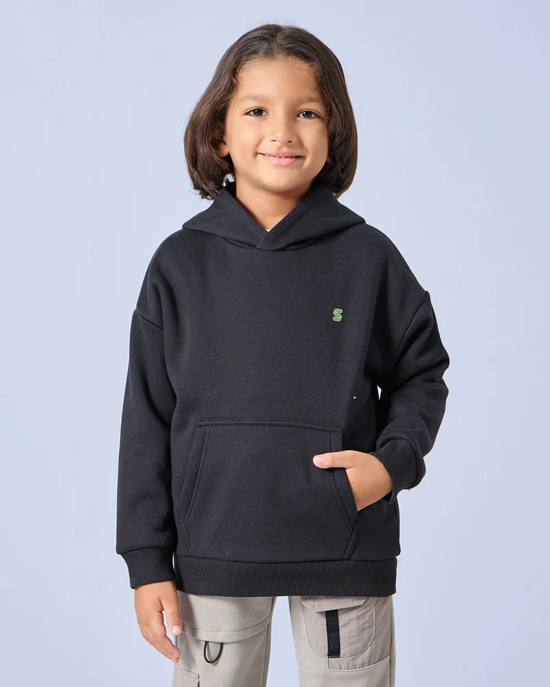 REDTAG Boys Black Kangaroo Pocket Hooded Sweatshirt