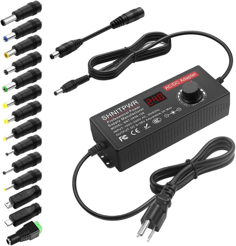 شنيت بور محول طاقة عالمي قابل للتعديل DC 24V 12V 9V 14V 19V 30V 36V AC، محول متعدد الجهد 9V ~ 36V 3A 108W، محول طاقة 100V~240V AC إلى DC متغير، مع 14 طرفًا 5.5x2.5 مم - Image 1