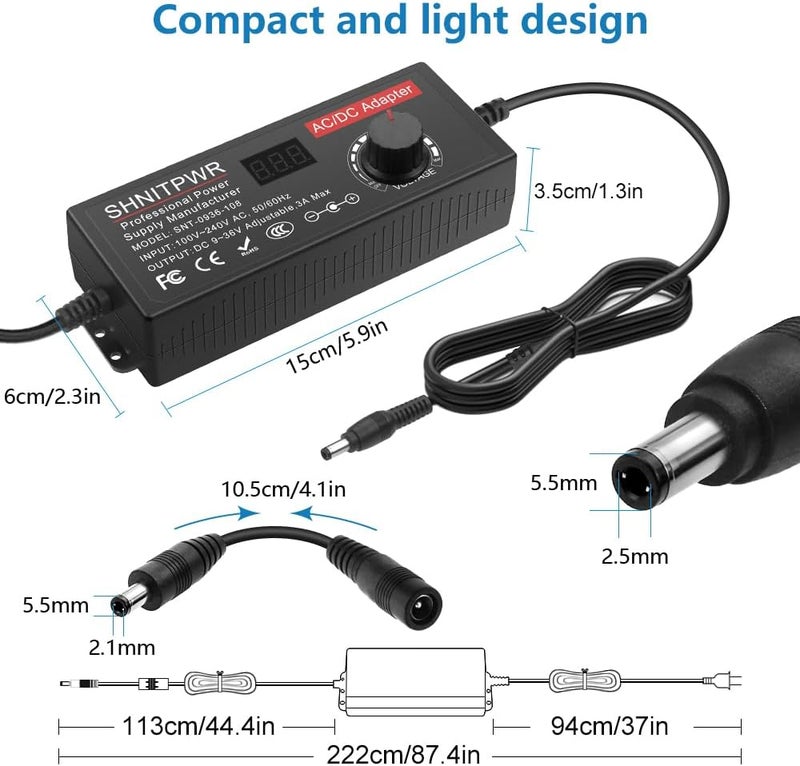 شنيت بور محول طاقة عالمي قابل للتعديل DC 24V 12V 9V 14V 19V 30V 36V AC، محول متعدد الجهد 9V ~ 36V 3A 108W، محول طاقة 100V~240V AC إلى DC متغير، مع 14 طرفًا 5.5x2.5 مم - Image 3