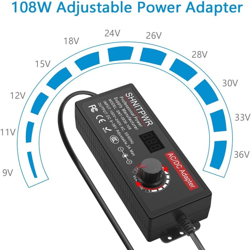 شنيت بور محول طاقة عالمي قابل للتعديل DC 24V 12V 9V 14V 19V 30V 36V AC، محول متعدد الجهد 9V ~ 36V 3A 108W، محول طاقة 100V~240V AC إلى DC متغير، مع 14 طرفًا 5.5x2.5 مم - Image 2