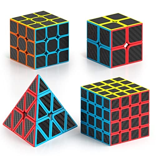 Vdealen Speed Cube Set Puzzle Cube Bundle of 2x2x2 3x3x3 4x4x4 Pyramid Magic Cube Set Birthday Party Christmas Stocking Stuffers Gift for Kids Teens AdultsCarbon Fiber Sticker - Image 1