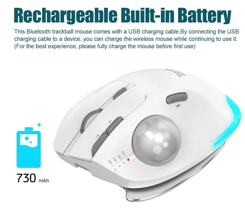 zelotes Wireless Trackball Mouse,Bluetooth Mouse,Rechargeable,4800 DPI, 2-in-1(BT 5.0/3.0+2.4GHz USB Receiver), 8 Buttons,Ergonomic Design,LED Lighting,for Laptop, PC, Pad,White - Image 5