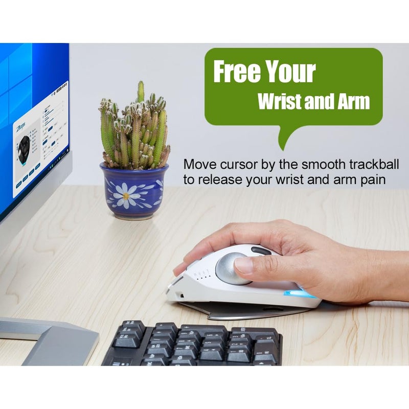 zelotes Wireless Trackball Mouse,Bluetooth Mouse,Rechargeable,4800 DPI, 2-in-1(BT 5.0/3.0+2.4GHz USB Receiver), 8 Buttons,Ergonomic Design,LED Lighting,for Laptop, PC, Pad,White - Image 4