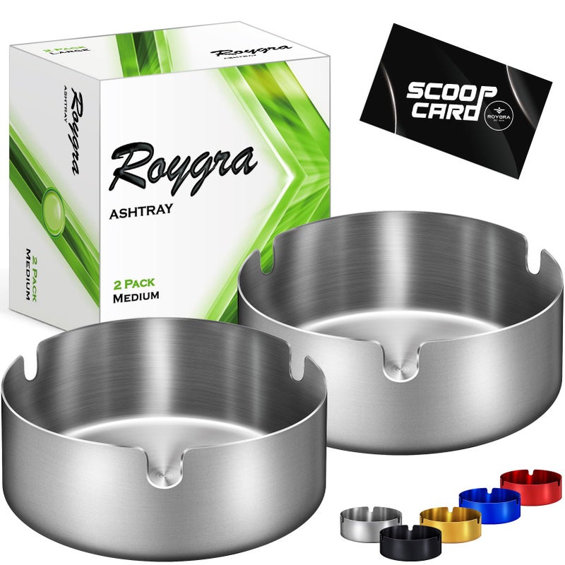 roygra Ash Tray 2 Pack Outdoor Ashtray for Outside Patio Stainless Steel Ashtrays for Cigarettes with 3 Holder Smoking Accessories Home Dcor Ashtrays for Smokers Indoor Silver Medium