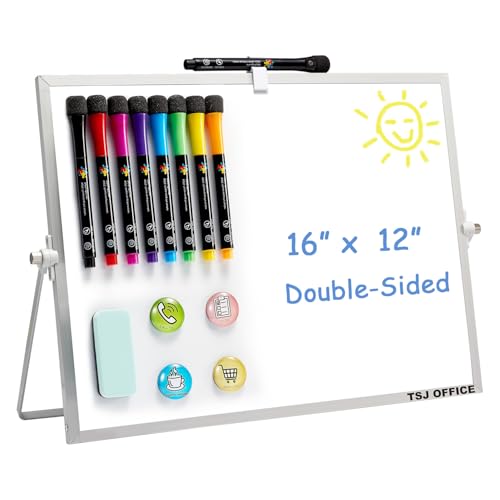 TSJ OFFICE Small White Board 12 X 16 Inches Small Magnetic Dry Erase Board with Hooks for Wall Desktop Whiteboard Stand 360 Degrees Revolving Double Sided for Office Home School Silver - Image 1