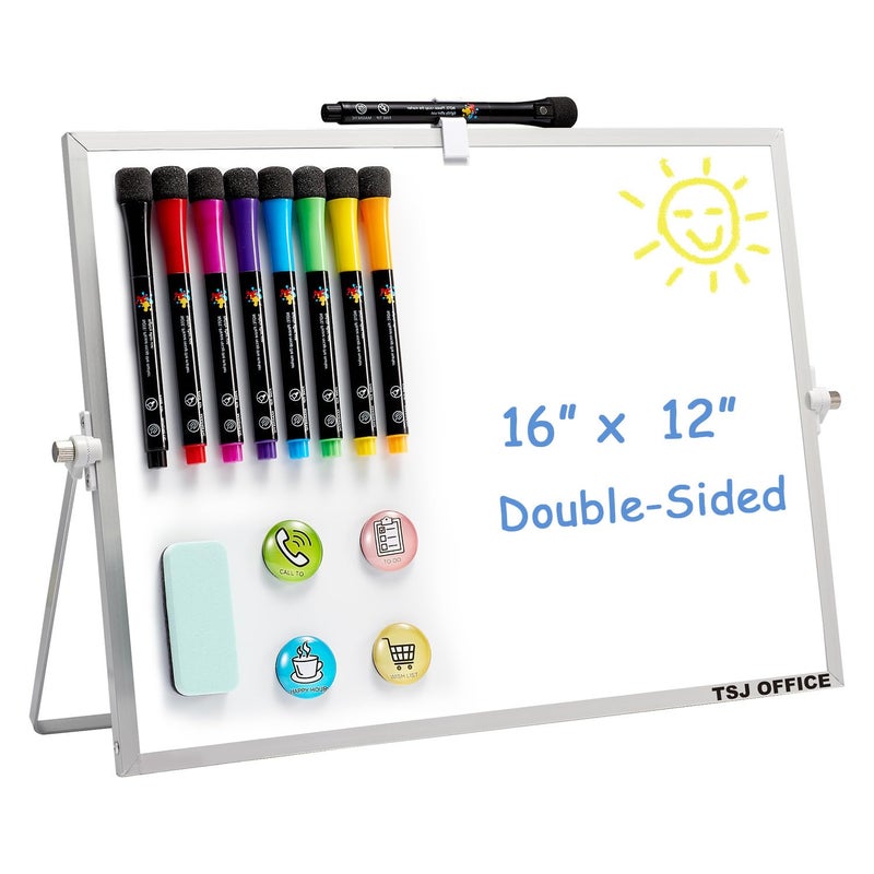 TSJ OFFICE Small White Board 12 X 16 Inches Small Magnetic Dry Erase Board with Hooks for Wall Desktop Whiteboard Stand 360 Degrees Revolving Double Sided for Office Home School Silver - Image 2