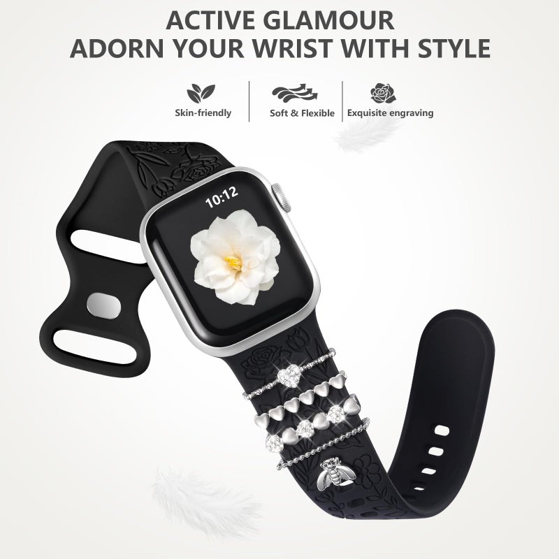 DaQin Flower Engraved Band Compatible with Apple Watch Bands for Women 40mm 38mm 41mm 42mm, Soft Silicone Band With Decorative Apple Watch Charms for iWatch Series 10 9 8 7 6 5 4 3 2 1 SE (With Band) - Image 5