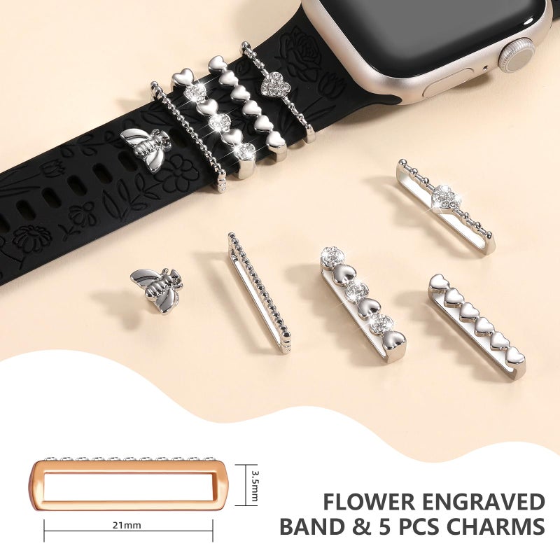 DaQin Flower Engraved Band Compatible with Apple Watch Bands for Women 40mm 38mm 41mm 42mm, Soft Silicone Band With Decorative Apple Watch Charms for iWatch Series 10 9 8 7 6 5 4 3 2 1 SE (With Band) - Image 4