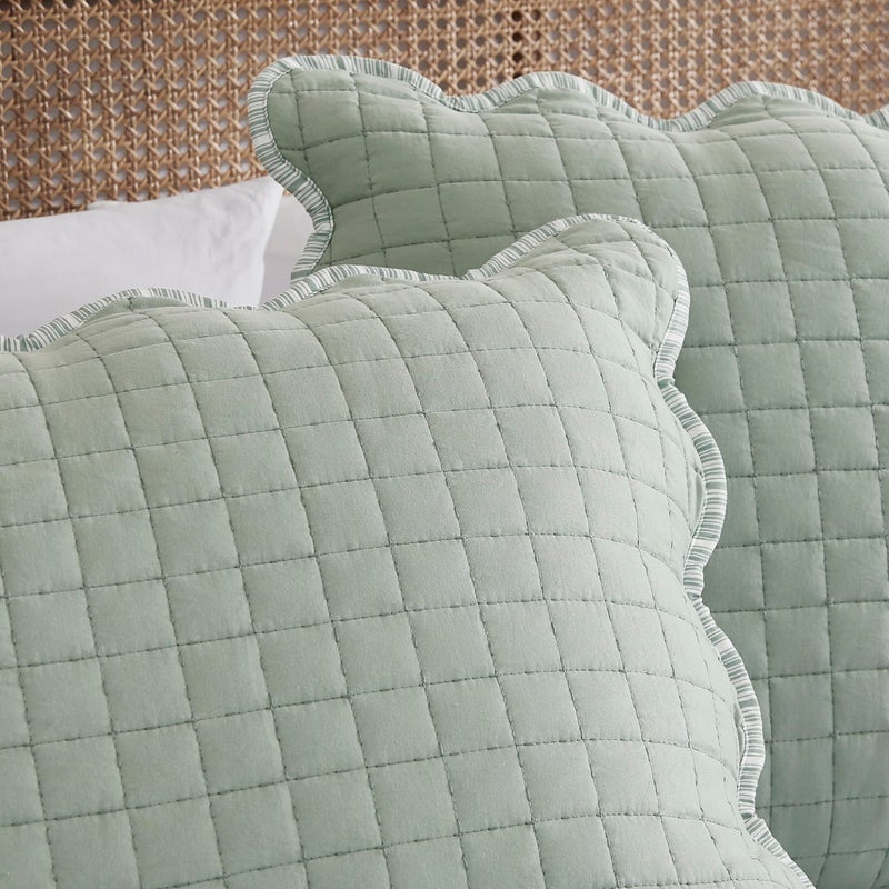 WDCOZY Sage Green Queen Size Quilt Bedding Set, Seafoam Scalloped Farmhouse Country Rustic Lightweight Soft Coverlet for All Season, Cute Cozy Kantha Pick Stitch Bedspread, 2 Pillow Shams - Image 4