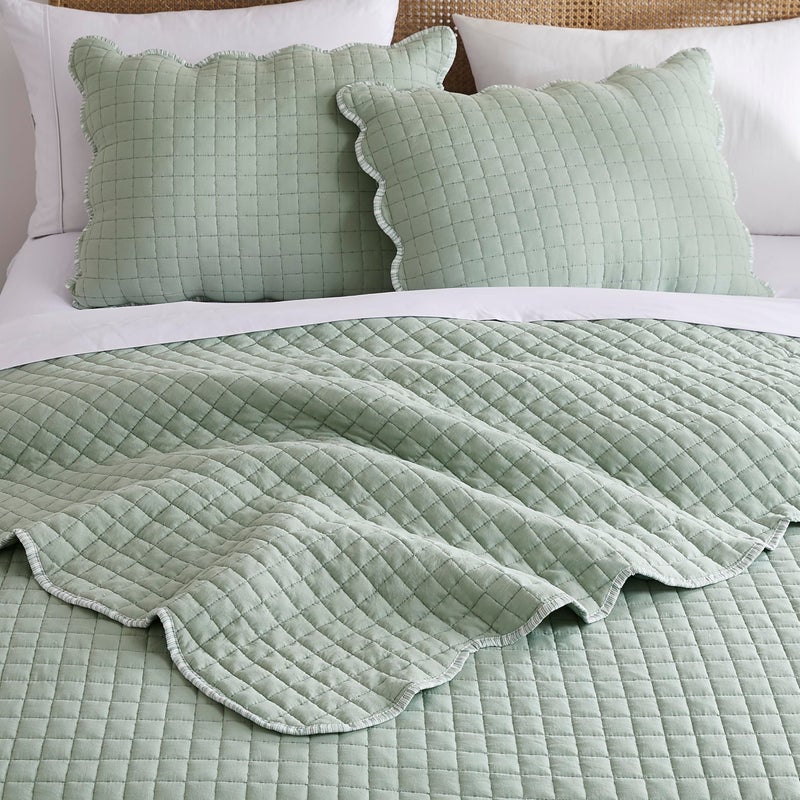 WDCOZY Sage Green Queen Size Quilt Bedding Set, Seafoam Scalloped Farmhouse Country Rustic Lightweight Soft Coverlet for All Season, Cute Cozy Kantha Pick Stitch Bedspread, 2 Pillow Shams - Image 3