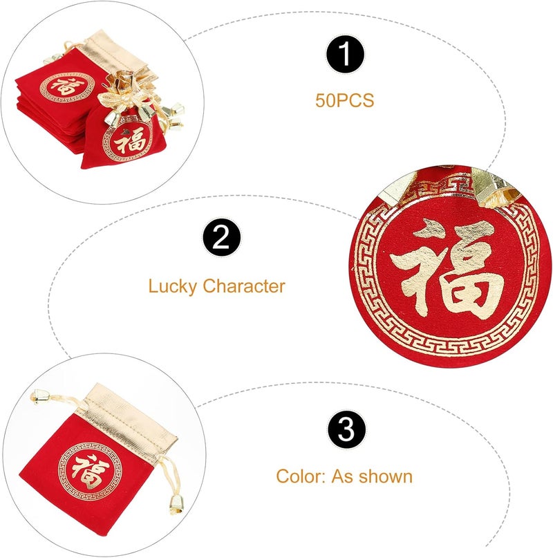 klarako 50pcs New Year Lucky Word Bag Candy Containers Bags for Jewelry Packaging Gift Wrap Bags Gift Packaging Bag Chinese Style Pouch Drawstring Bag Lucky Bag Flannel Jewelry Rack - Image 5