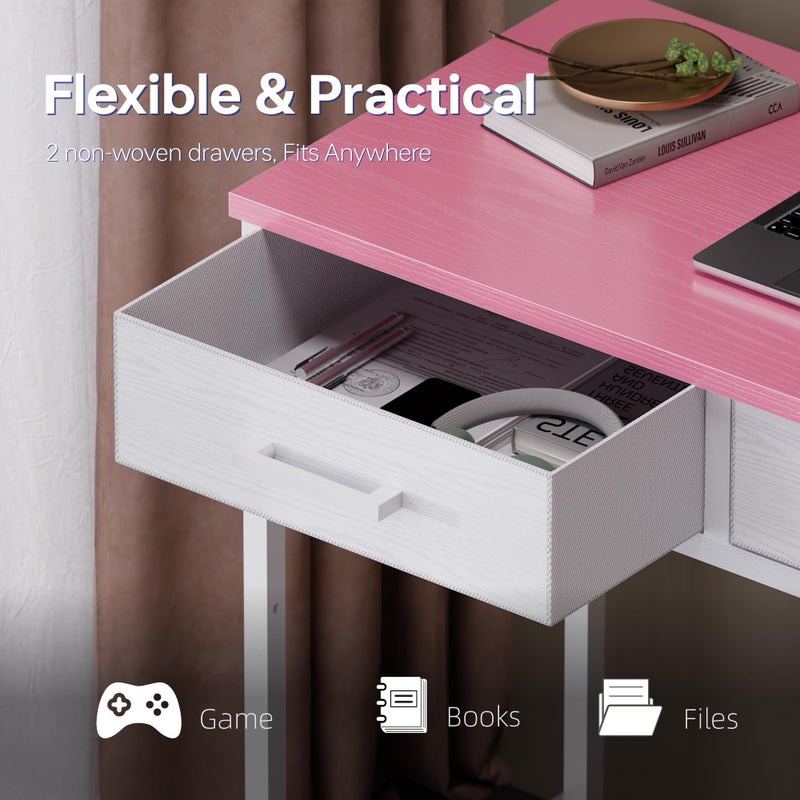 Pamray 32 Inch Small Computer Desk with 2 Drawers for Bedroom Study Writing Home Office Table for Small Spaces Pink - Image 5
