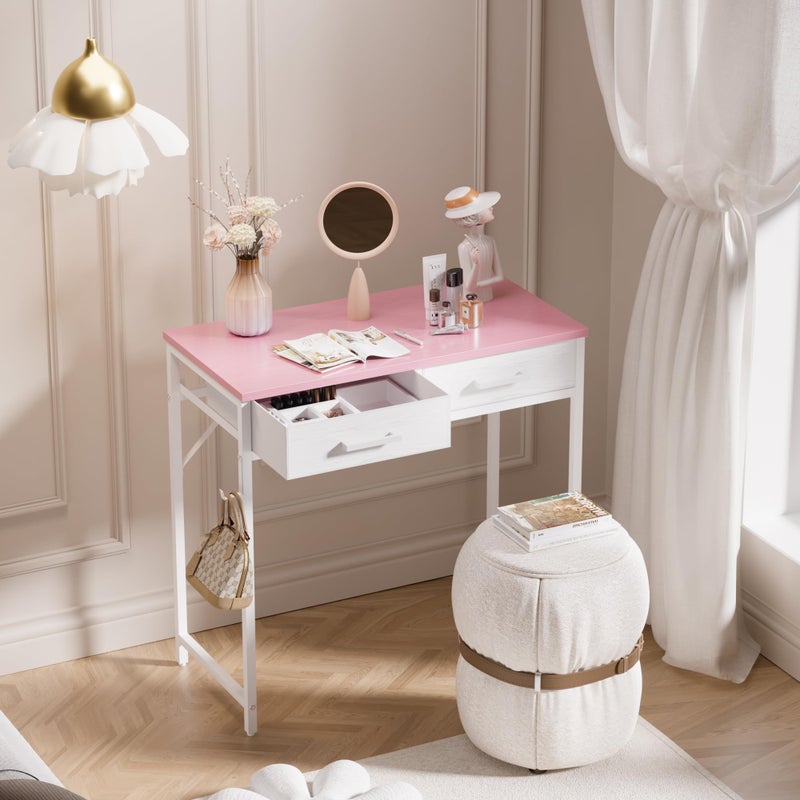 Pamray 32 Inch Small Computer Desk with 2 Drawers for Bedroom Study Writing Home Office Table for Small Spaces Pink - Image 2