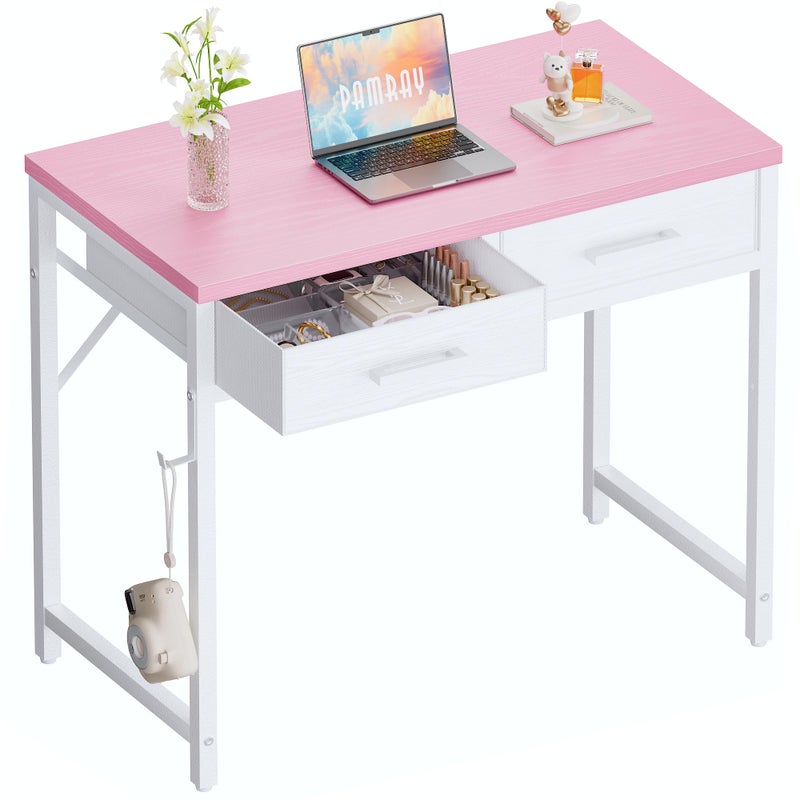 Pamray 32 Inch Small Computer Desk with 2 Drawers for Bedroom Study Writing Home Office Table for Small Spaces Pink - Image 1