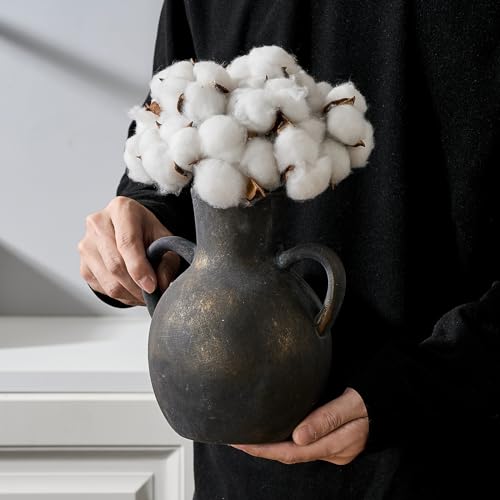 SIDUCAL Rustic Ceramic Farmhouse Flower Vase with 2 Handles, Terracotta Vase, Decorative Pottery Flower for Home Decor, Table, Wedding, Living Room, Shelf Decor, 7.3 Inch, Black Bronze - Image 3