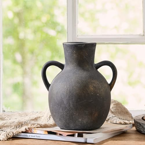 SIDUCAL Rustic Ceramic Farmhouse Flower Vase with 2 Handles, Terracotta Vase, Decorative Pottery Flower for Home Decor, Table, Wedding, Living Room, Shelf Decor, 7.3 Inch, Black Bronze - Image 2