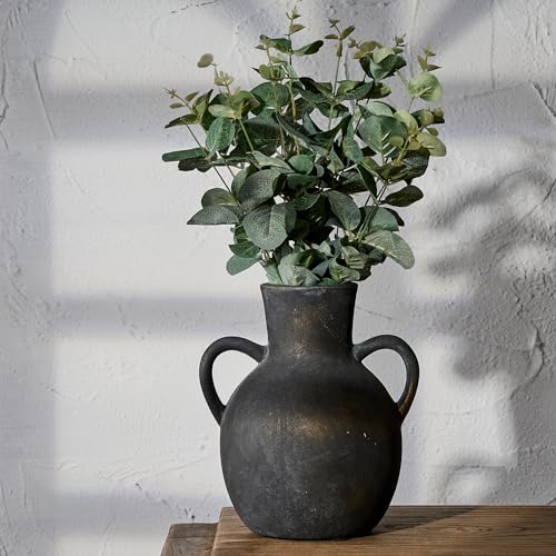 SIDUCAL Rustic Ceramic Farmhouse Flower Vase with 2 Handles, Terracotta Vase, Decorative Pottery Flower for Home Decor, Table, Wedding, Living Room, Shelf Decor, 7.3 Inch, Black Bronze - Image 1
