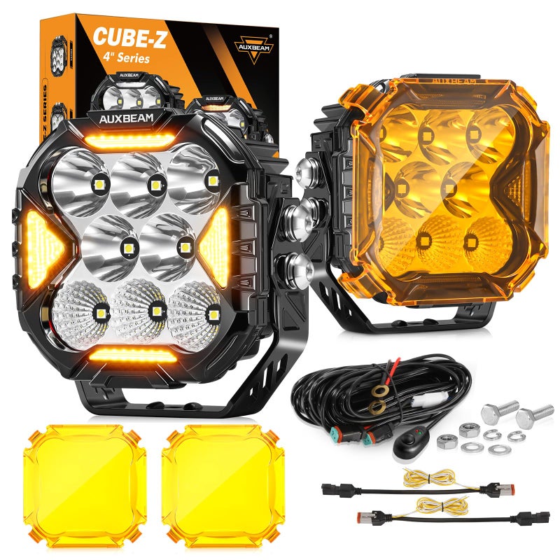 Auxbeam CubeZ Series 4 Led Pods Lights with Amber Covers 112W 12800LM Flood Spot Combo Offroad Driving Lights with DRL Turn Signal Cube Ditch Light with DT Wiring Harness for Jeep ATV UTV Pair