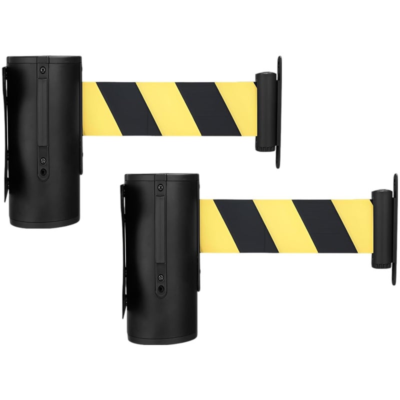2 Pcs Retractable Barrier: Wall Mount, 6.6 Ft/2 M Black & Yellow Belts, Crowd Control for Retail, Banks, Hotels, Easy Installation - Image 1
