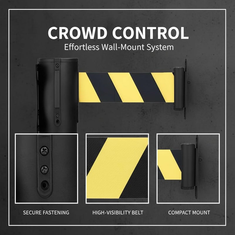 2 Pcs Retractable Barrier: Wall Mount, 6.6 Ft/2 M Black & Yellow Belts, Crowd Control for Retail, Banks, Hotels, Easy Installation - Image 2