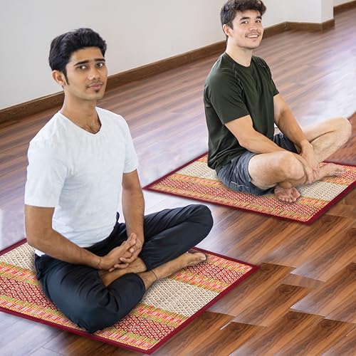 KalaTree Handmade Heat Resistant Mats for Prayer Meditation Picnic | Madurkathi Chatai mat Natural River Korai Grass | Set of 2 - Sangreal Maroon - Image 2
