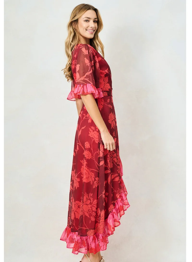 Hope & Ivy  Contrast Frill Maxi Wrap Dress with Tie Waist for Women | Best Price UAE