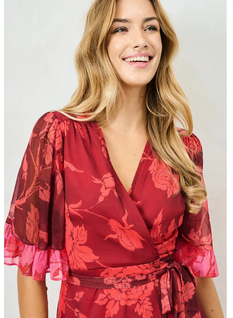 Hope & Ivy  Contrast Frill Maxi Wrap Dress with Tie Waist for Women | Best Price UAE