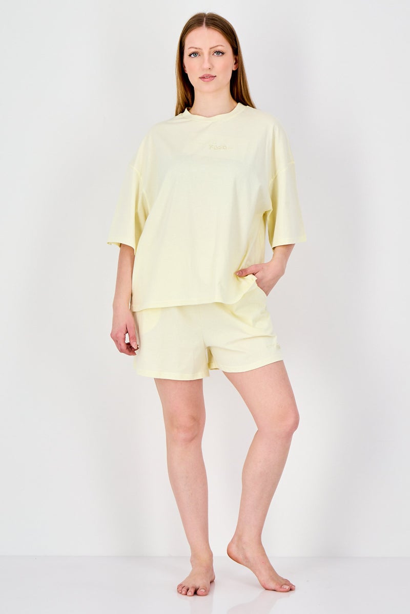 Fudo Lounge By Fudo Women 2 Pieces Embroidered Logo Pajama Top And Bottom Set, Light Yellow - Image 3