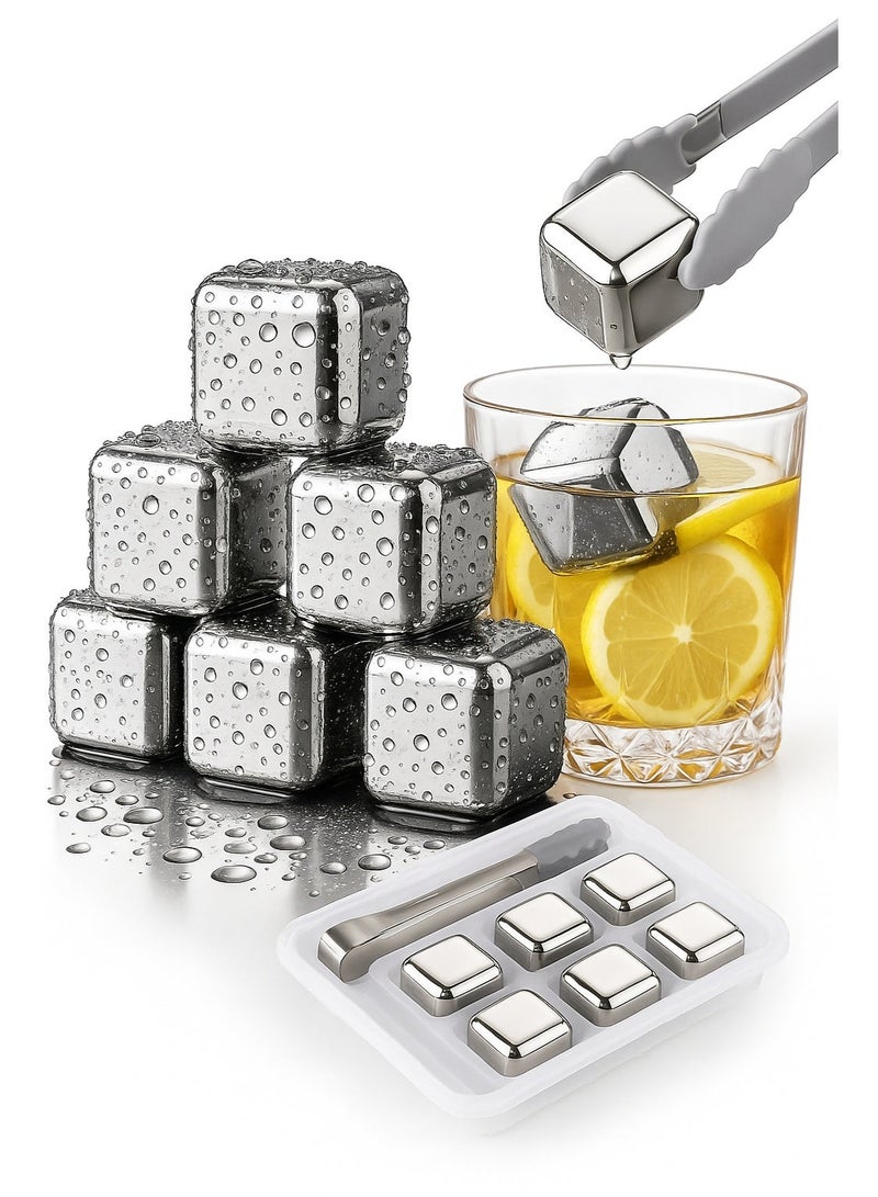 YOONISPRO 6-Piece Stainless Steel Reusable Ice Cubes – Food-Grade Chilling Stones for Cooling Drinks, Juice, Soft Drinks & Water, Comes with Storage Tray (Silver) - Image 1