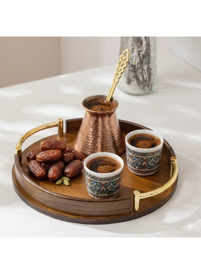 1pc Bamboo Round Serving Tray with Golden Metal handle ,Non-Slip & Easy-Clean Home Decor, Coffee Table Tray and Organizer，35cm - Image 2