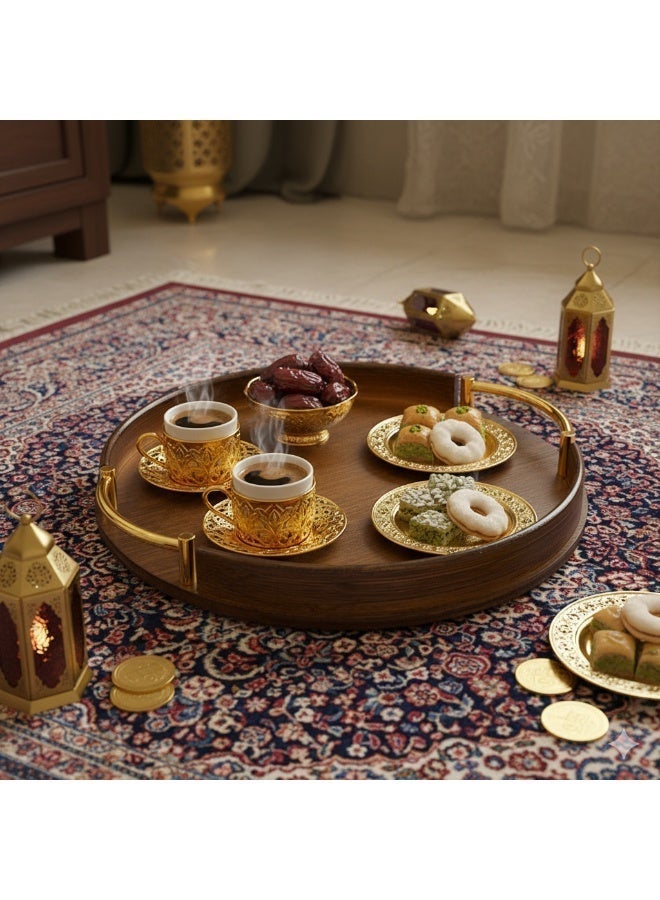 1pc Bamboo Round Serving Tray with Golden Metal handle ,Non-Slip & Easy-Clean Home Decor, Coffee Table Tray and Organizer，35cm - Image 3