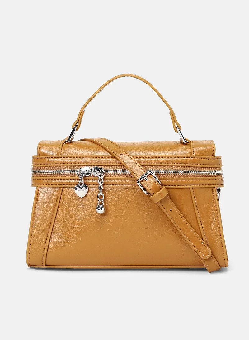 Haute Sauce Solid Zip Lock Regular Vegan Leather Sling Bag with Detachable Strap For Women