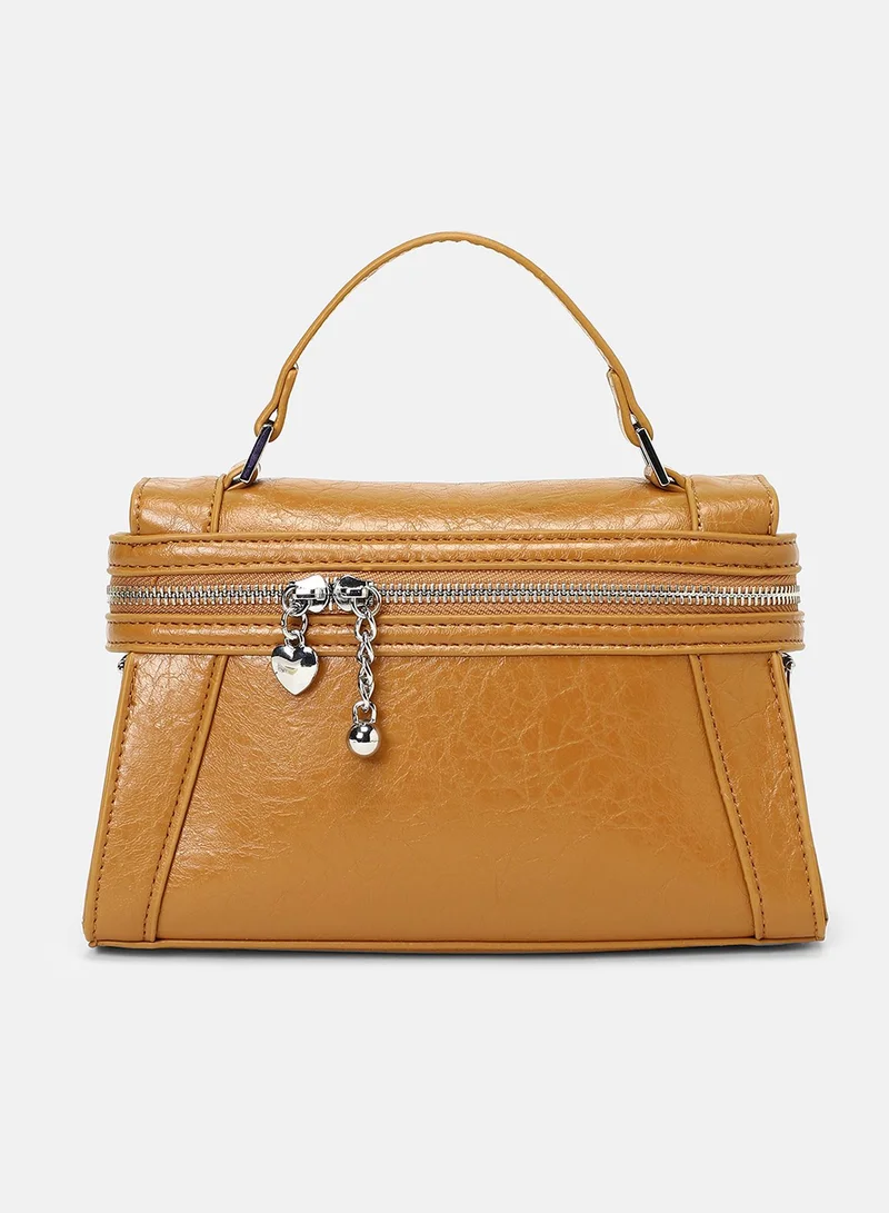 Haute Sauce Solid Zip Lock Regular Vegan Leather Sling Bag with Detachable Strap For Women