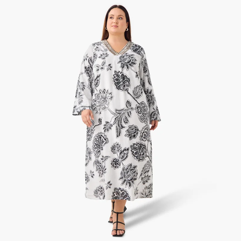 Ulla Popken Plus Size Ulla Popken Embellished V-neck Maxi Kaftan Dress