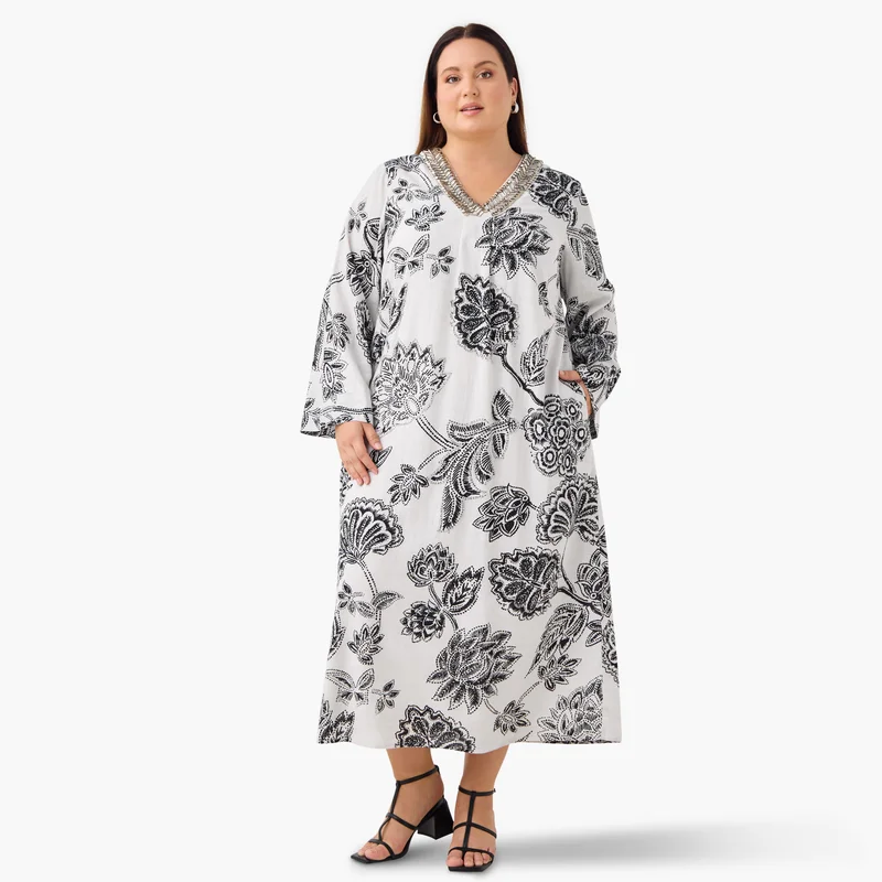 Ulla Popken Plus Size Ulla Popken Embellished V-neck Maxi Kaftan Dress