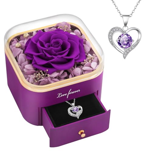 Beferr Birthday Gifts for Women Mom Preserved Real Rose with Necklace Eternal Roses Fresh Flowers for Delivery Prime Anniversary Purple Gifts for Grandma Wife Daughter Sister - Image 1